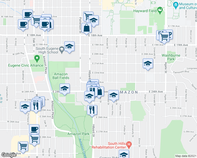 map of restaurants, bars, coffee shops, grocery stores, and more near 780 East 22nd Avenue in Eugene