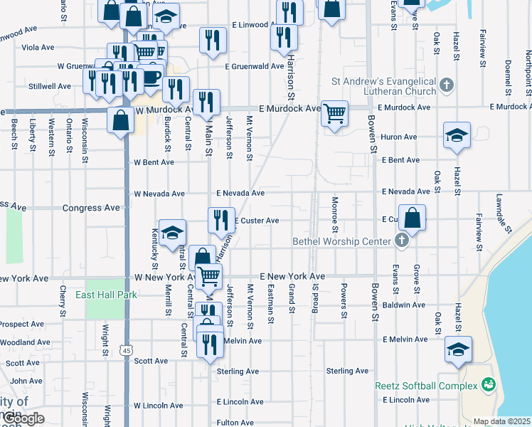 map of restaurants, bars, coffee shops, grocery stores, and more near 223 East Nevada Avenue in Oshkosh
