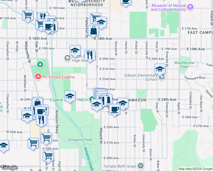 map of restaurants, bars, coffee shops, grocery stores, and more near 780 East 22nd Avenue in Eugene