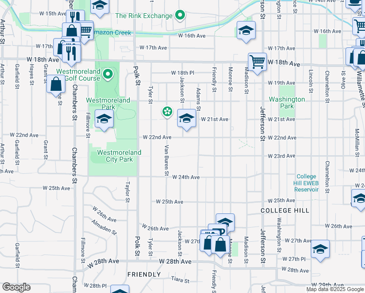 map of restaurants, bars, coffee shops, grocery stores, and more near 950 West 22nd Avenue in Eugene