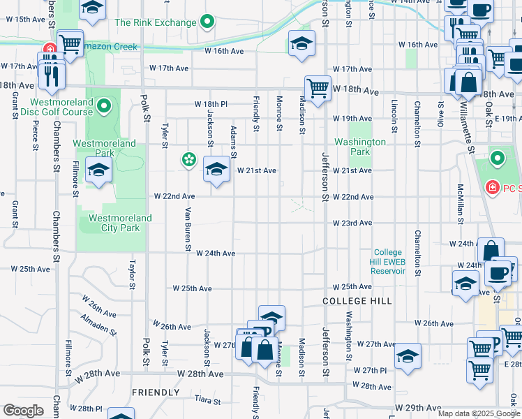 map of restaurants, bars, coffee shops, grocery stores, and more near 2273 Friendly Street in Eugene