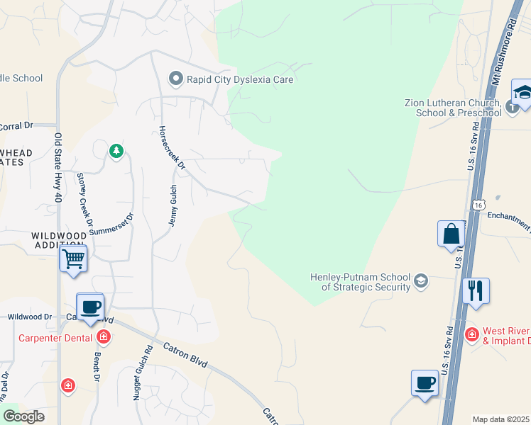 map of restaurants, bars, coffee shops, grocery stores, and more near 2402 Happy Hollow Street in Rapid City