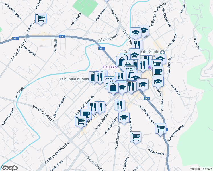 map of restaurants, bars, coffee shops, grocery stores, and more near 1 Piazza Alcide de Gasperi in Massa
