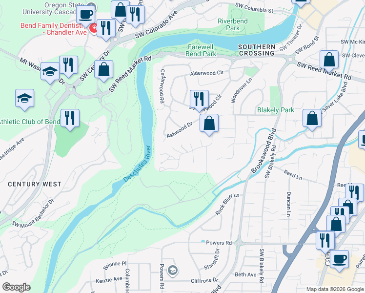 map of restaurants, bars, coffee shops, grocery stores, and more near 61555 Marlece Lane in Bend