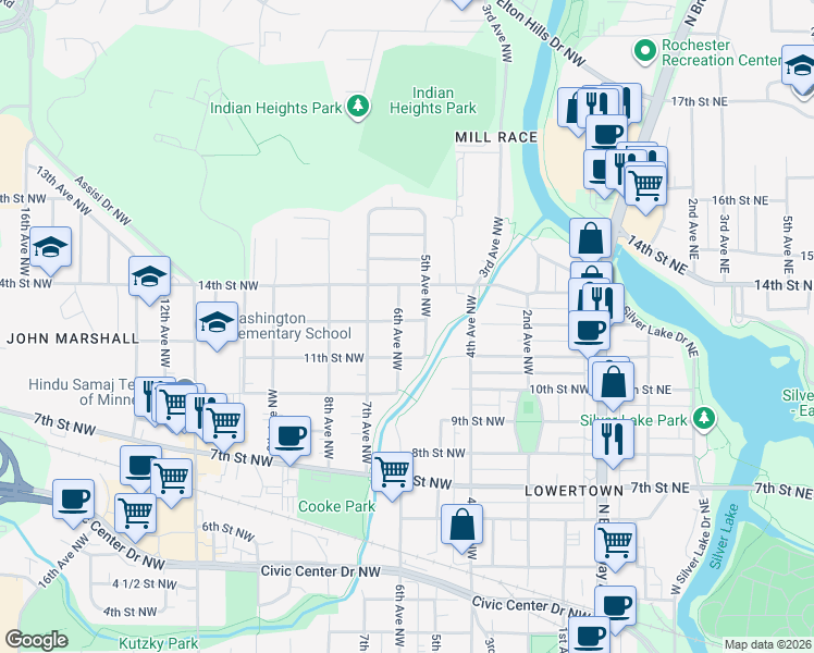 map of restaurants, bars, coffee shops, grocery stores, and more near 1215 5th Avenue Northwest in Rochester