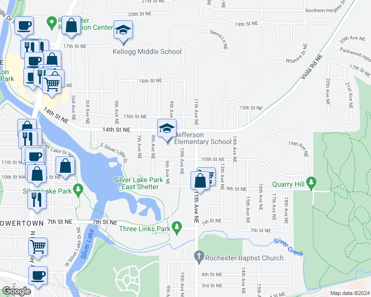 map of restaurants, bars, coffee shops, grocery stores, and more near 1102 10th Avenue Northeast in Rochester