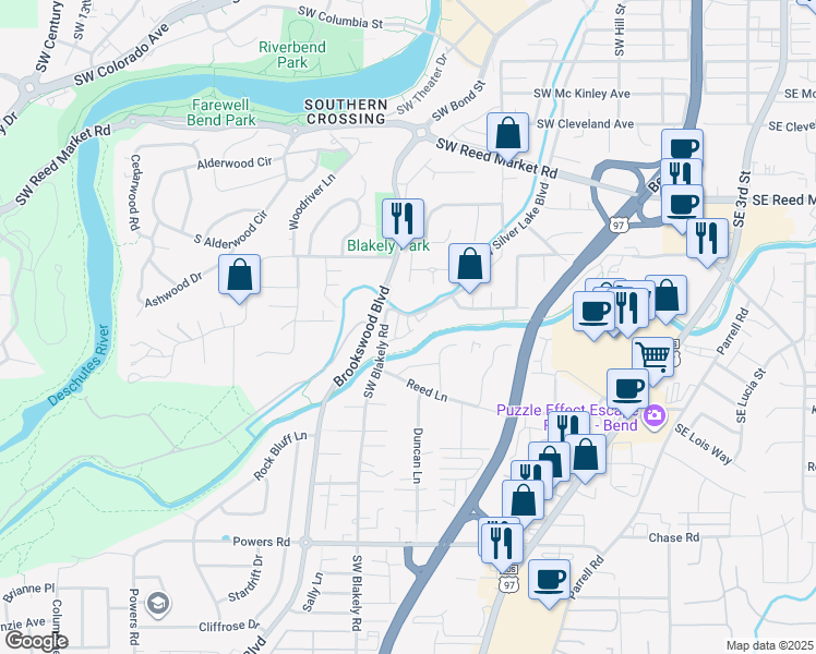 map of restaurants, bars, coffee shops, grocery stores, and more near 61571 Southwest Riverwalk Lane in Bend