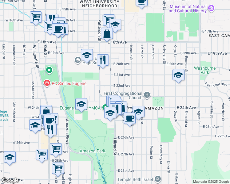 map of restaurants, bars, coffee shops, grocery stores, and more near 736 East 22nd Alley in Eugene