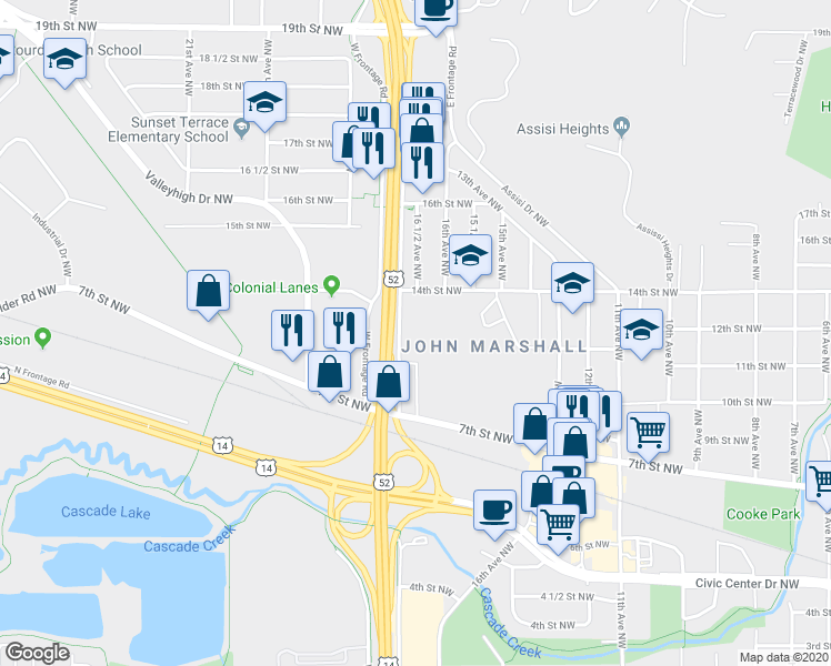 map of restaurants, bars, coffee shops, grocery stores, and more near 1204 17th Avenue Northwest in Rochester