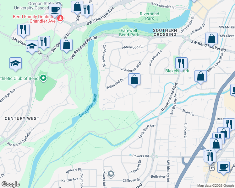 map of restaurants, bars, coffee shops, grocery stores, and more near 61555 Marlece Lane in Bend
