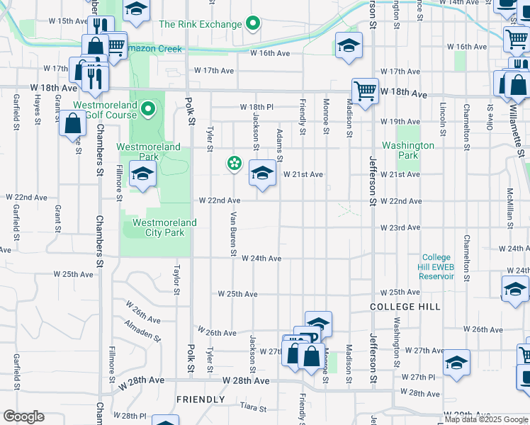 map of restaurants, bars, coffee shops, grocery stores, and more near 950 West 22nd Avenue in Eugene