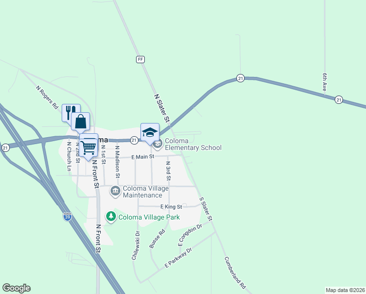map of restaurants, bars, coffee shops, grocery stores, and more near 214 North Slater Street in Coloma