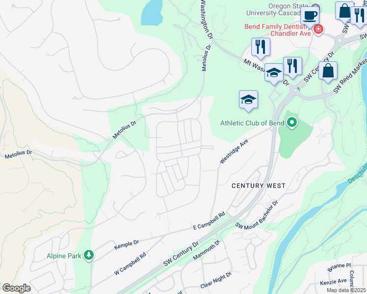 map of restaurants, bars, coffee shops, grocery stores, and more near 61555 O'Dell Lake Drive in Bend