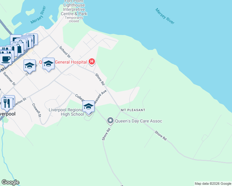 map of restaurants, bars, coffee shops, grocery stores, and more near 65 Shore Road in Liverpool
