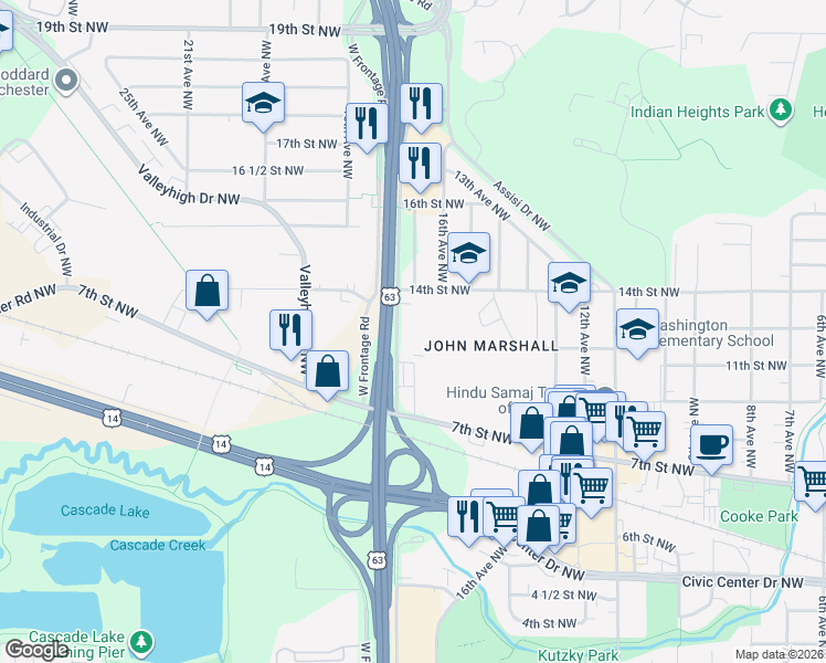 map of restaurants, bars, coffee shops, grocery stores, and more near 1206 17th Avenue Northwest in Rochester