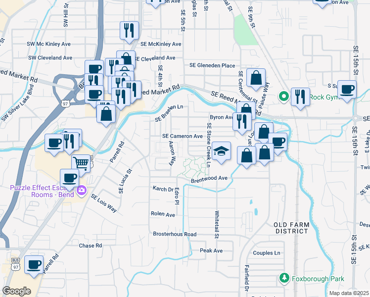 map of restaurants, bars, coffee shops, grocery stores, and more near 61564 Aaron Way in Bend
