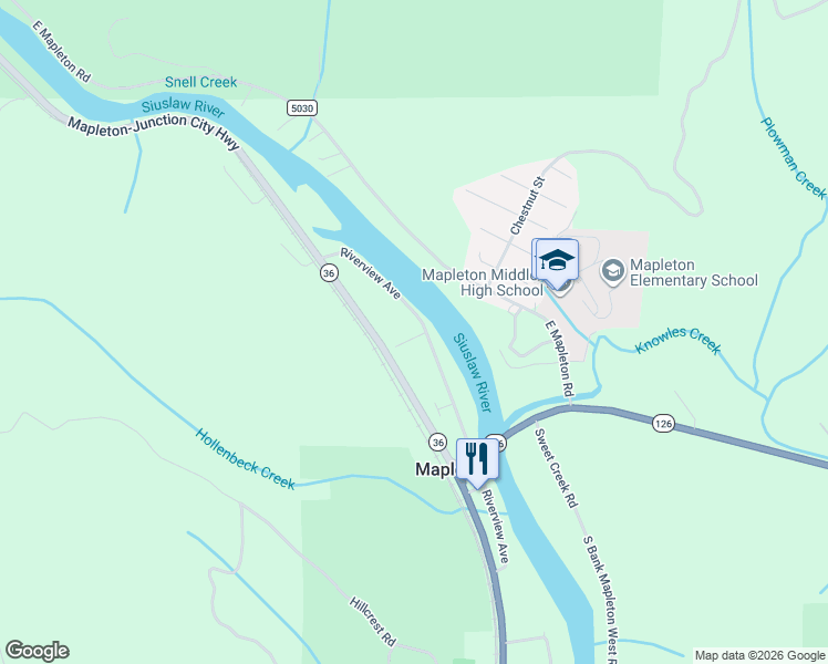 map of restaurants, bars, coffee shops, grocery stores, and more near 88112 Riverview Avenue in Mapleton