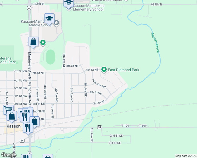 map of restaurants, bars, coffee shops, grocery stores, and more near 600 10th Avenue Northeast in Kasson