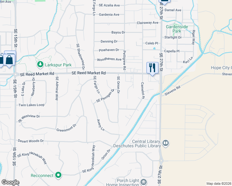 map of restaurants, bars, coffee shops, grocery stores, and more near 61560 Southeast Range Place in Bend
