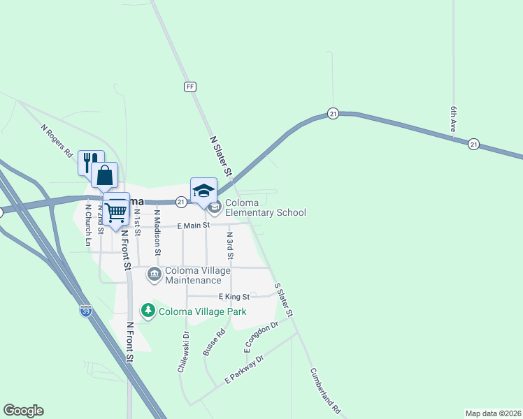 map of restaurants, bars, coffee shops, grocery stores, and more near 214 North Slater Street in Coloma