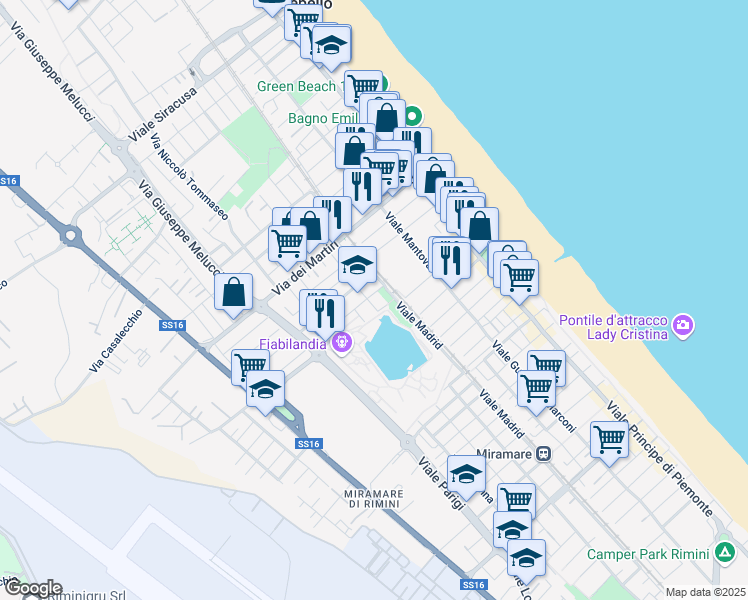 map of restaurants, bars, coffee shops, grocery stores, and more near 36 Via Augusto Righi in Rimini