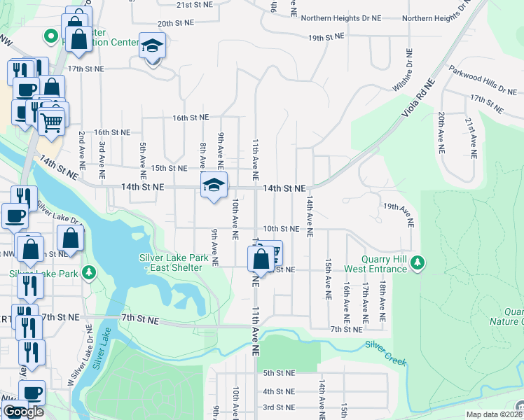 map of restaurants, bars, coffee shops, grocery stores, and more near 1209 12th Avenue Northeast in Rochester