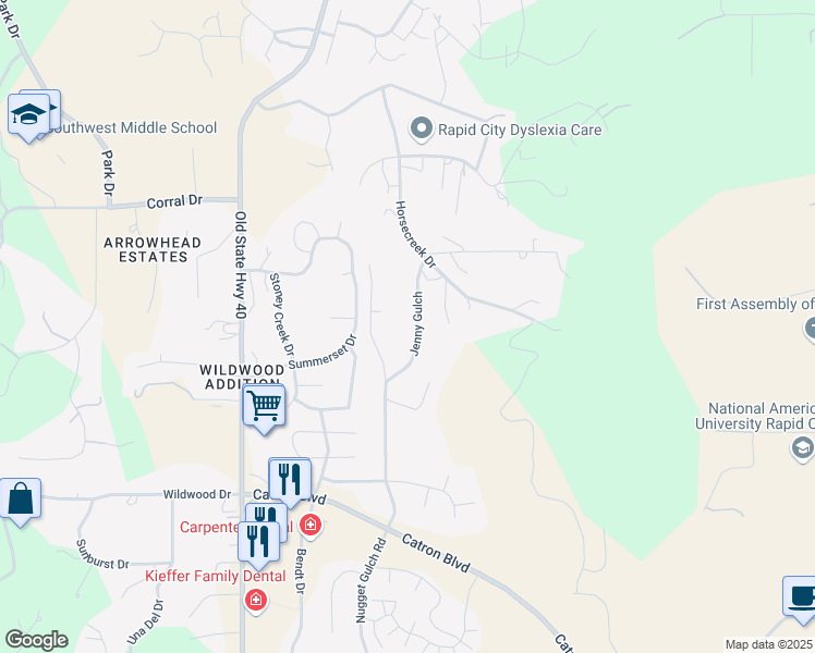 map of restaurants, bars, coffee shops, grocery stores, and more near 2727 Jenny Gulch in Rapid City