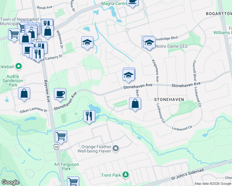 map of restaurants, bars, coffee shops, grocery stores, and more near 810 Stonehaven Avenue in Newmarket