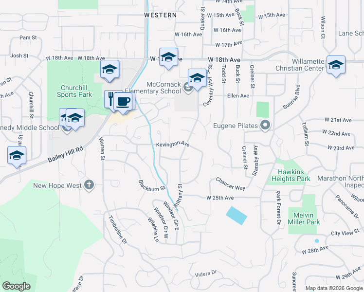 map of restaurants, bars, coffee shops, grocery stores, and more near 2200 Brittany Street in Eugene