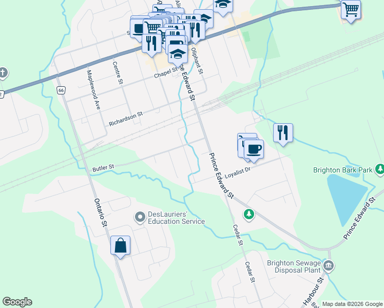 map of restaurants, bars, coffee shops, grocery stores, and more near 91 Division Street South in Brighton