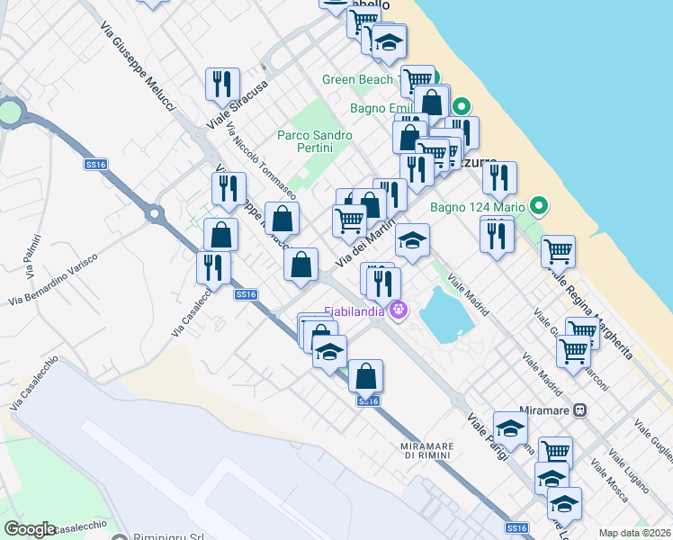 map of restaurants, bars, coffee shops, grocery stores, and more near 28 Via dei Martiri in Rimini