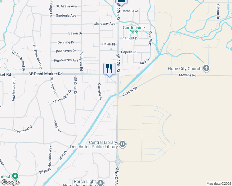 map of restaurants, bars, coffee shops, grocery stores, and more near 21186 Southeast King Arthur Court in Bend