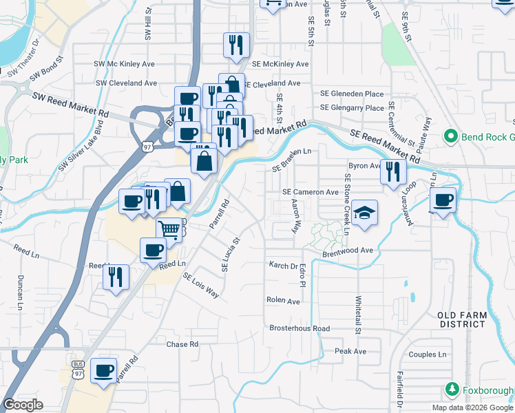 map of restaurants, bars, coffee shops, grocery stores, and more near 20435 Angel Court in Bend