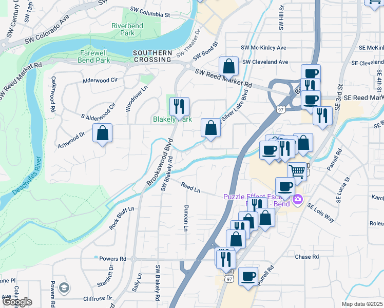 map of restaurants, bars, coffee shops, grocery stores, and more near 61571 Southwest Riverwalk Lane in Bend
