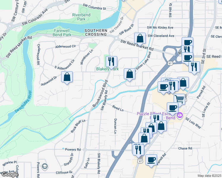 map of restaurants, bars, coffee shops, grocery stores, and more near 61571 Southwest Riverwalk Lane in Bend