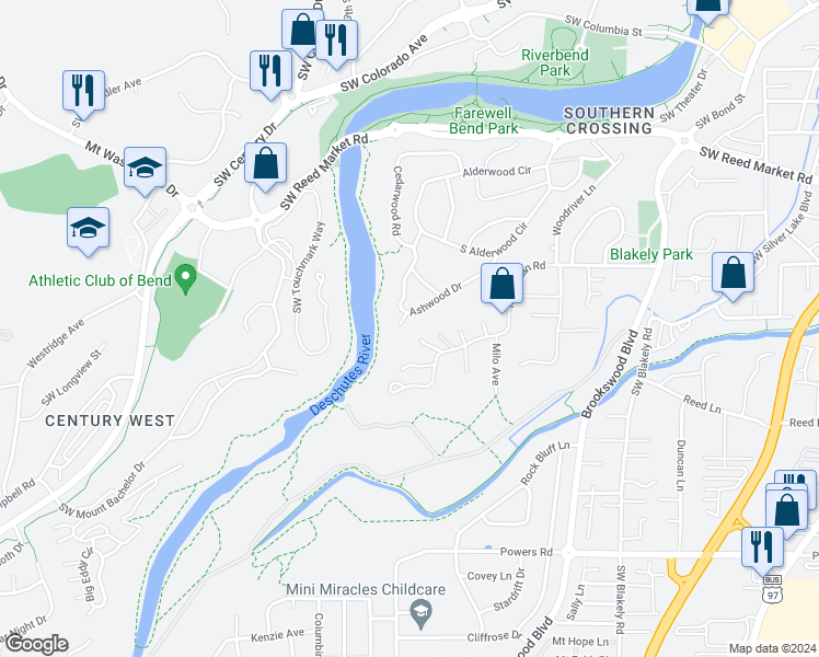 map of restaurants, bars, coffee shops, grocery stores, and more near 19925 Ashwood Drive in Bend