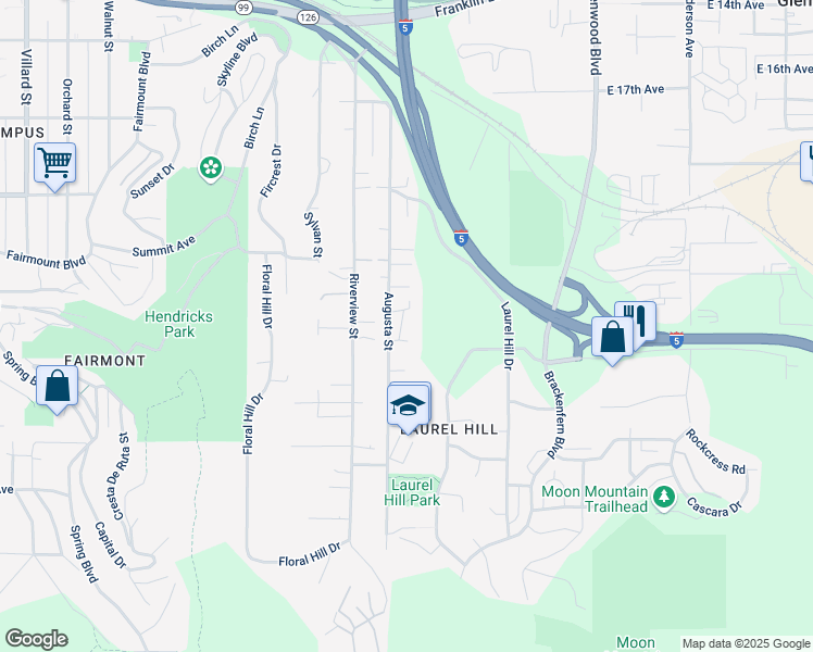 map of restaurants, bars, coffee shops, grocery stores, and more near 2115 Augusta Street in Eugene