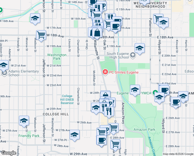 map of restaurants, bars, coffee shops, grocery stores, and more near 2207 McMillan Street in Eugene