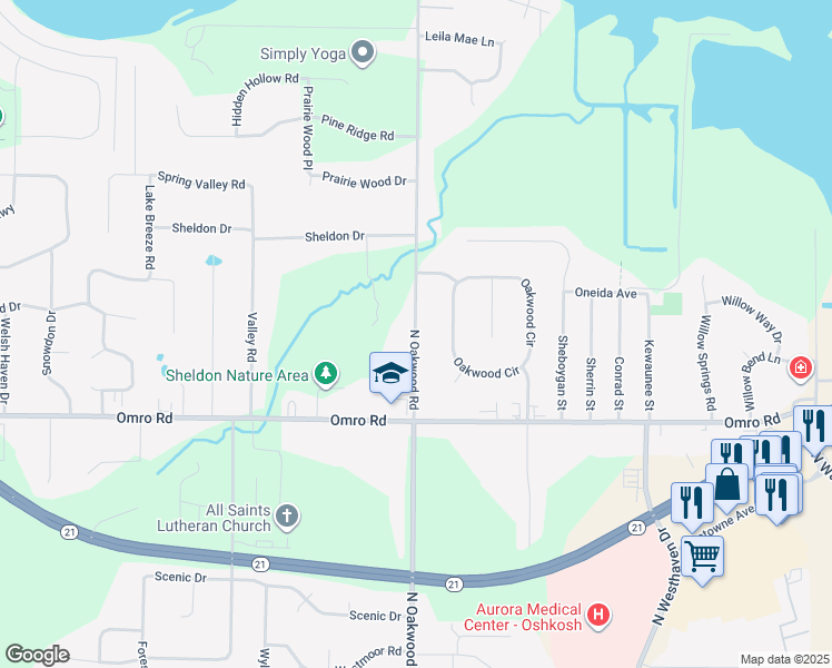map of restaurants, bars, coffee shops, grocery stores, and more near 1363 North Oakwood Road in Oshkosh