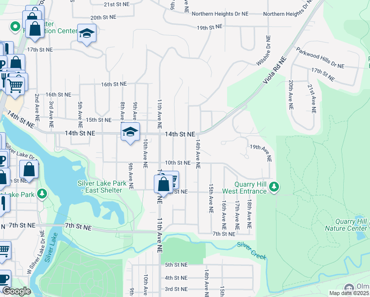 map of restaurants, bars, coffee shops, grocery stores, and more near 1204 13th Avenue Northeast in Rochester
