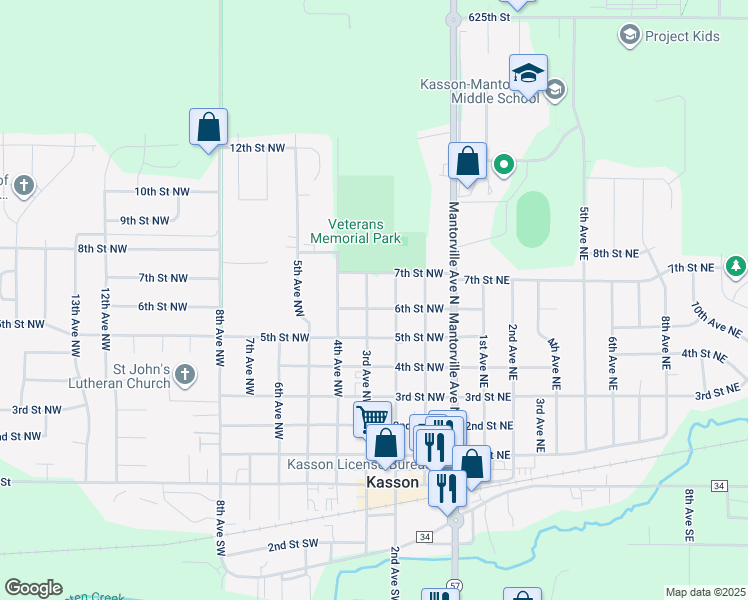 map of restaurants, bars, coffee shops, grocery stores, and more near 605 2nd Avenue Northwest in Kasson