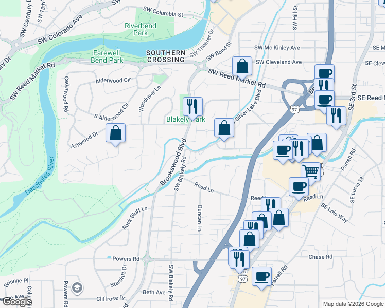 map of restaurants, bars, coffee shops, grocery stores, and more near 61571 Southwest Riverwalk Lane in Bend