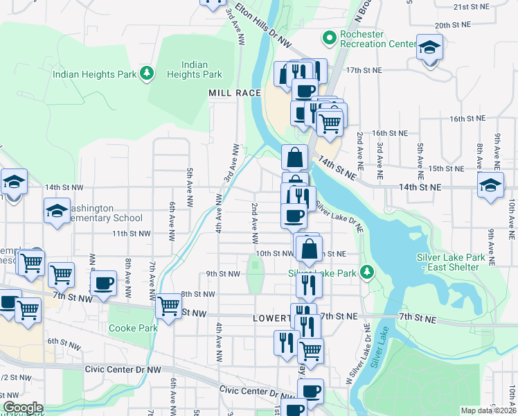 map of restaurants, bars, coffee shops, grocery stores, and more near 1207 2nd Avenue Northwest in Rochester