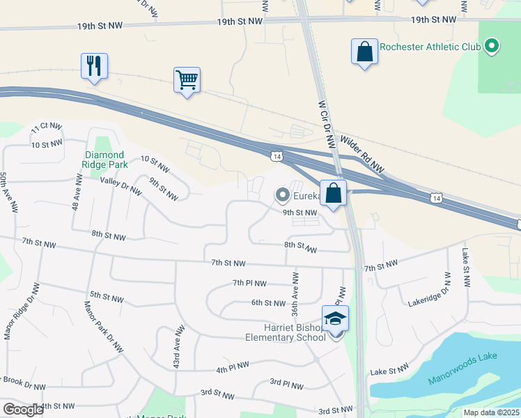 map of restaurants, bars, coffee shops, grocery stores, and more near 3702 9th Street Northwest in Rochester