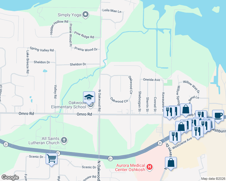 map of restaurants, bars, coffee shops, grocery stores, and more near 1383 Oakwood Court in Oshkosh