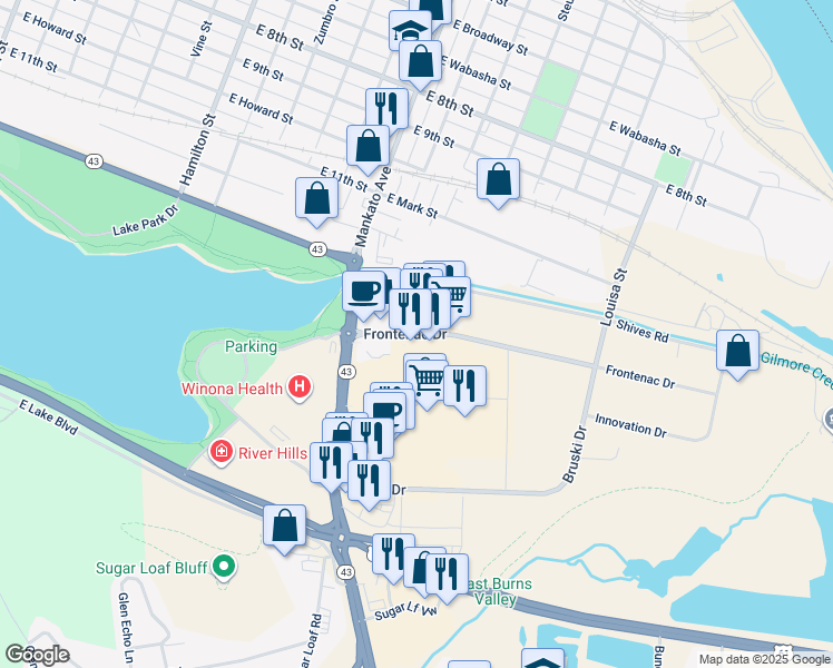 map of restaurants, bars, coffee shops, grocery stores, and more near 930 Frontenac Drive in Winona