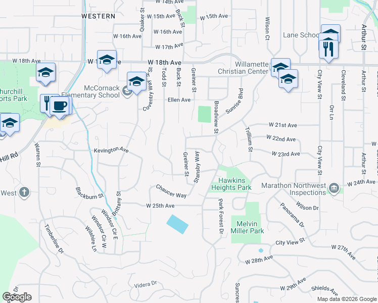 map of restaurants, bars, coffee shops, grocery stores, and more near 3390 Park Hills Drive in Eugene