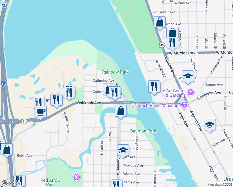 map of restaurants, bars, coffee shops, grocery stores, and more near 1215 Graham Avenue in Oshkosh