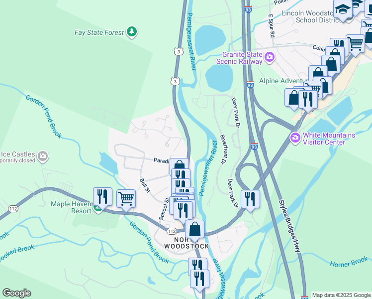 map of restaurants, bars, coffee shops, grocery stores, and more near 193 Daniel Webster Highway in Woodstock