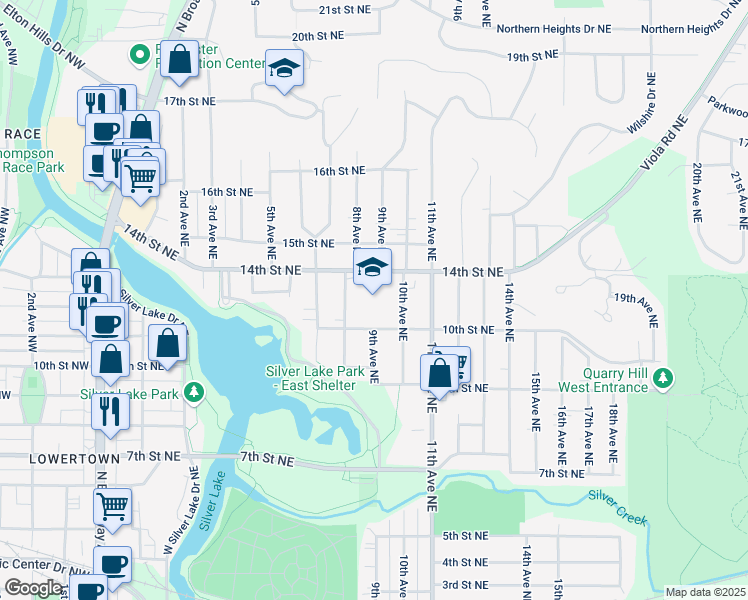 map of restaurants, bars, coffee shops, grocery stores, and more near 1201 10th Avenue Northeast in Rochester